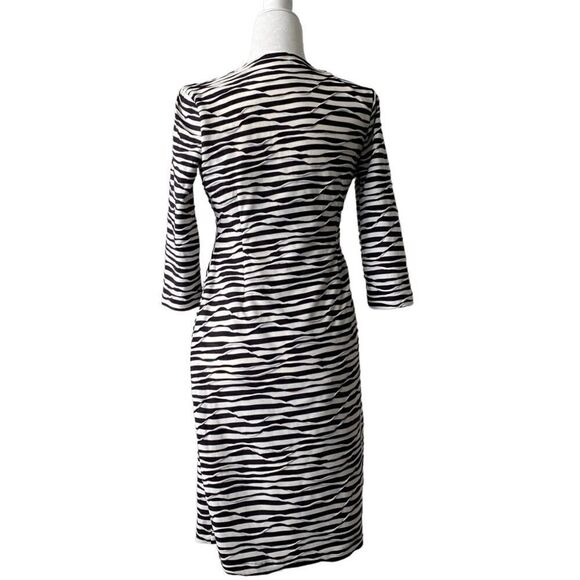 Chico’s Stripe Print Surplice Wrap Neck Black White Sheath Dress - Picture 2 of 15